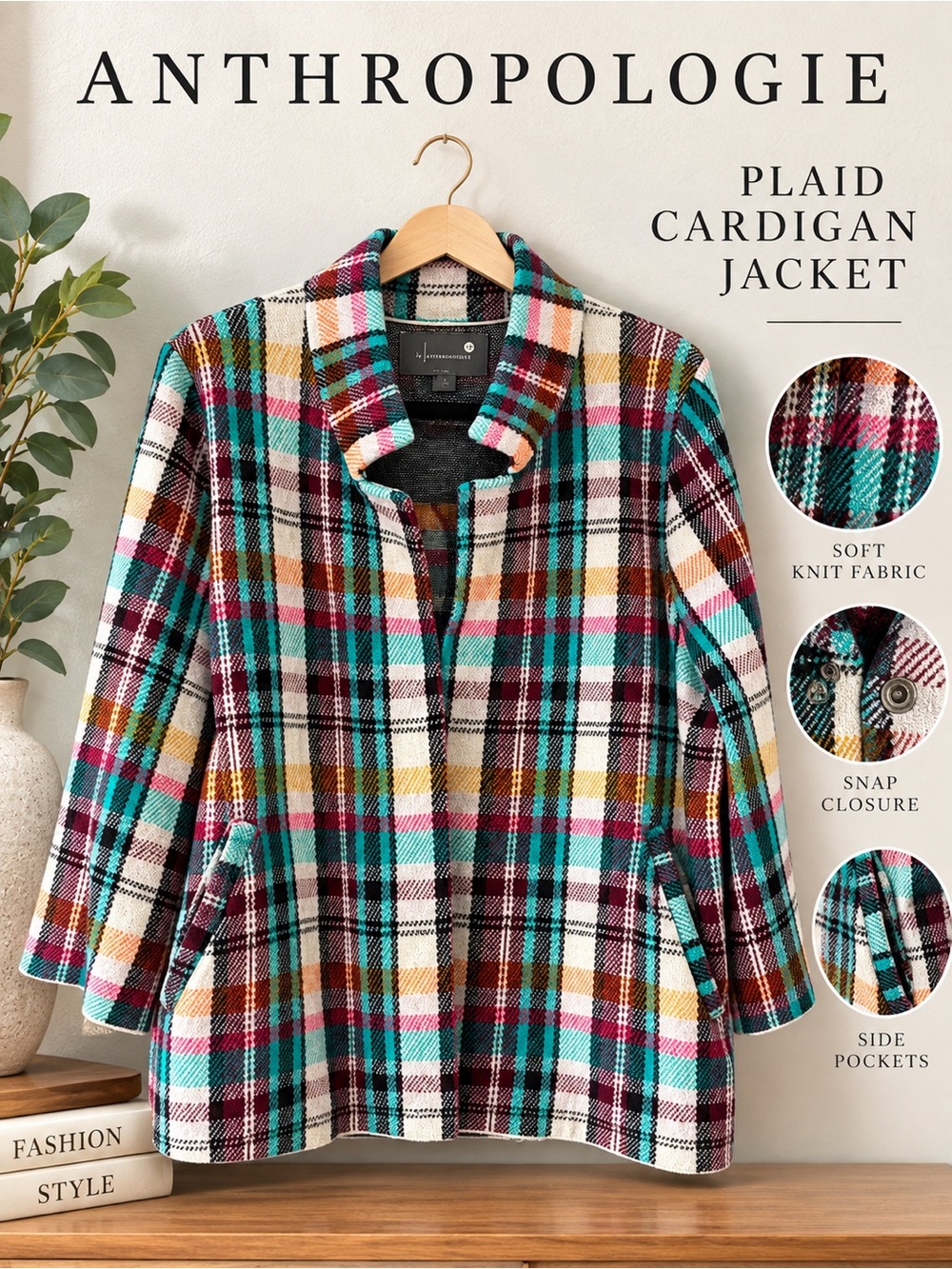 Anthropologie Plaid Cardigan Jacket - Multi-Color - Size XL